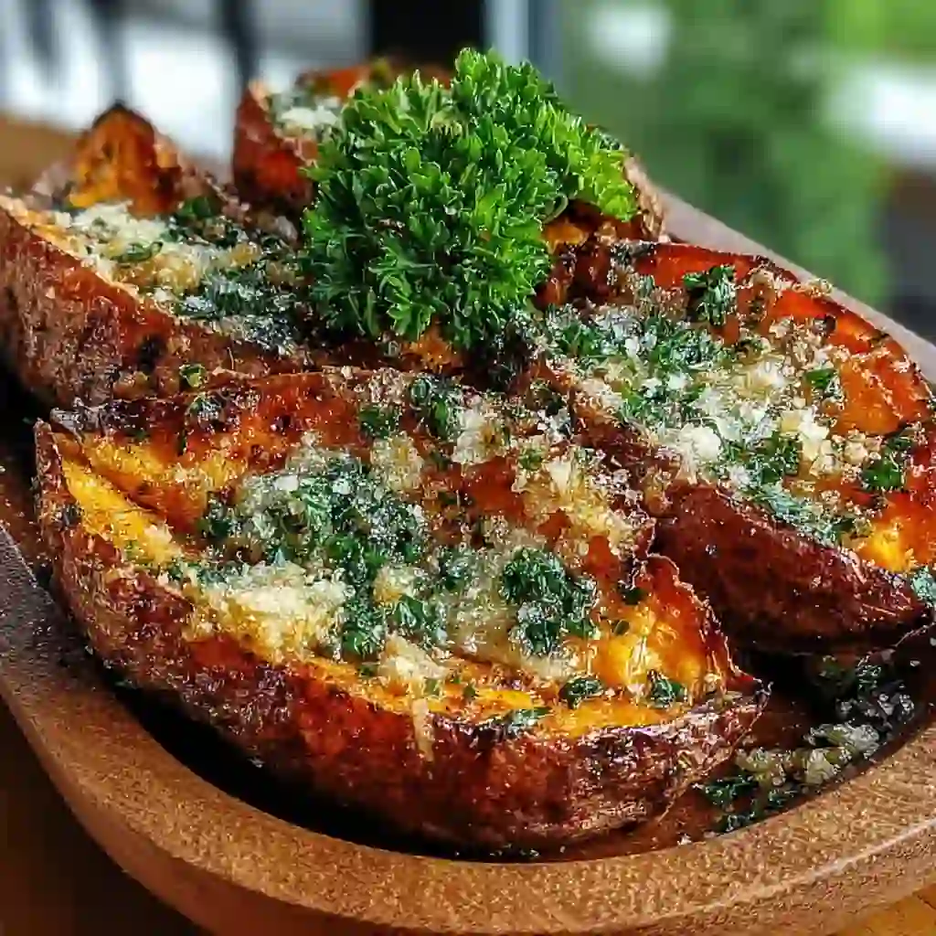 Garlic Parmesan Sweet Potato Wedges – Crispy, Cheesy, & Irresistible!