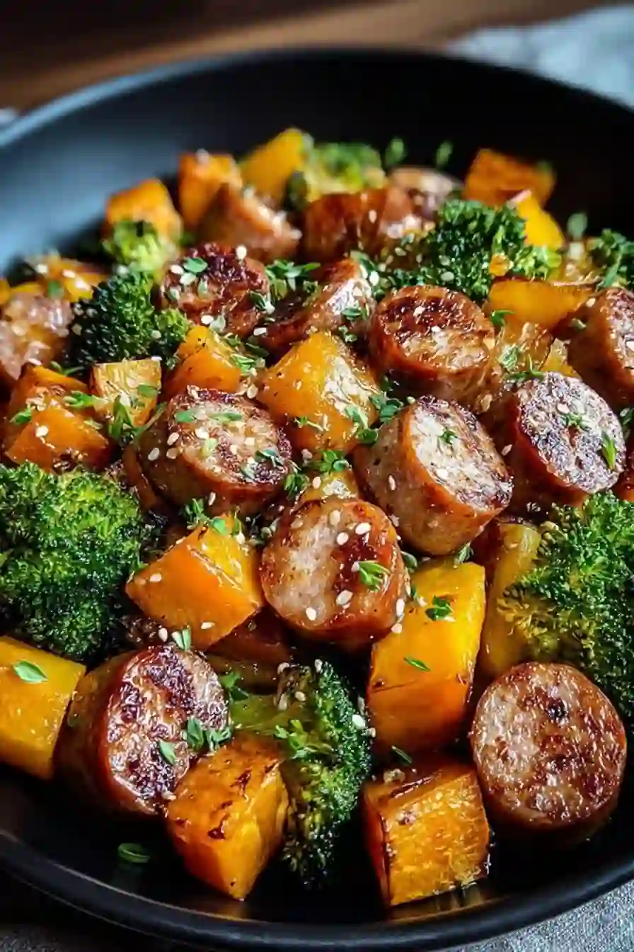 Sheet Pan Sausage and Sweet Potatoes with Honey Garlic Sauce