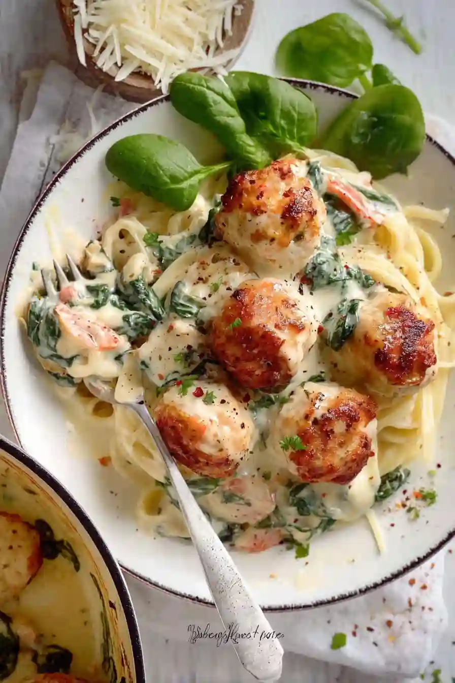 Baked Chicken Ricotta Meatballs in Creamy Spinach Alfredo Sauce