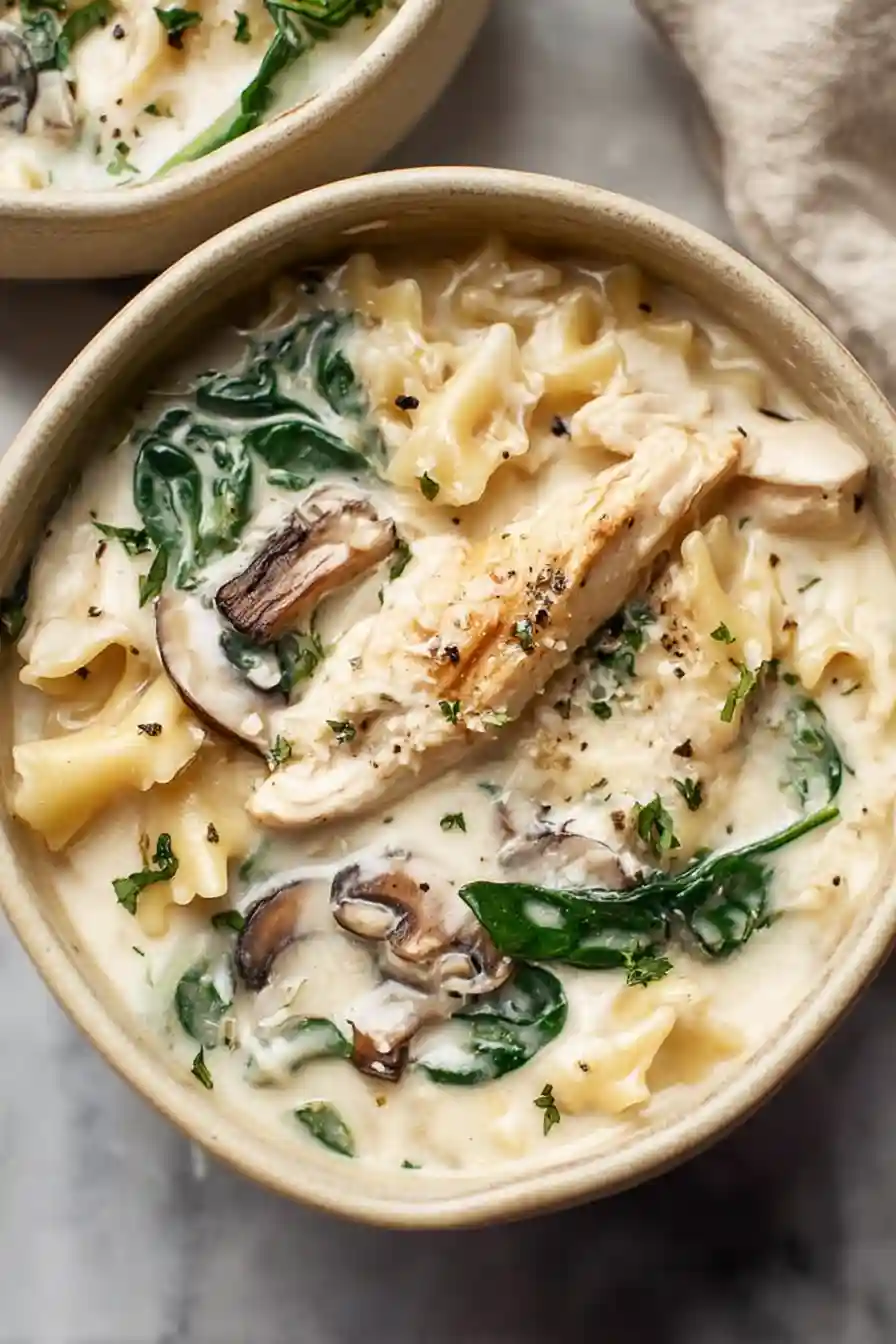 Creamy Chicken Lasagna Soup With Mushrooms and Spinach