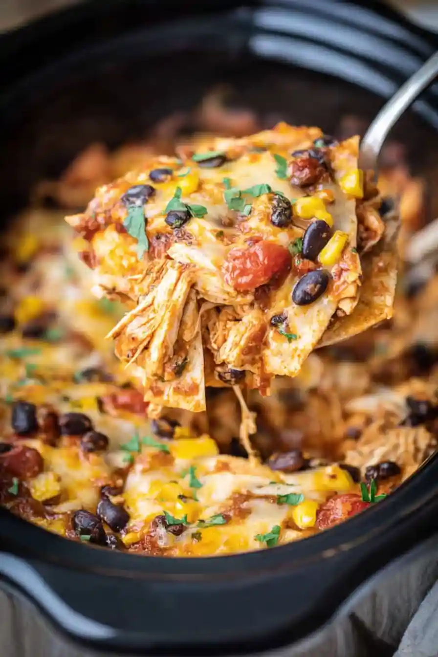Crockpot Chicken Enchiladas Casserole (Easy Slow Cooker Dinner)