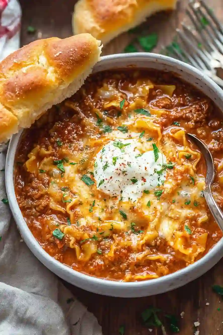 Cheesy One-Pot Lasagna Soup with Beef and Bowtie Pasta