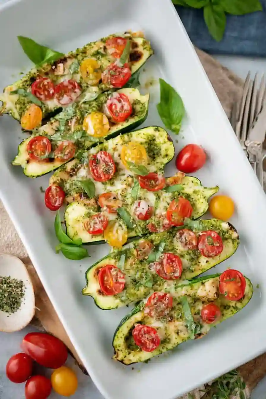 Pesto Chicken Zucchini Boats with Cherry Tomatoes – A High Protein Delight