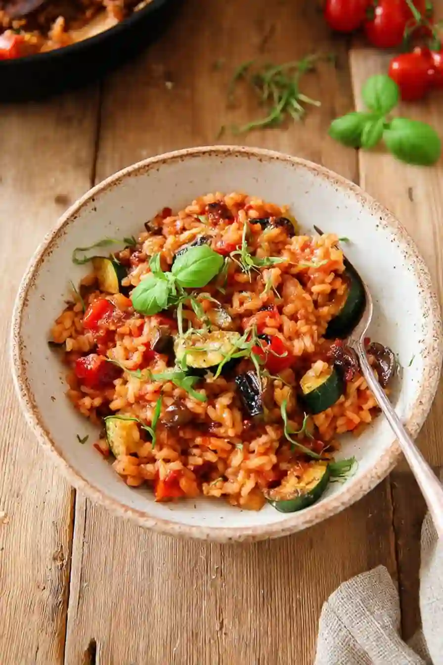 Vegan Tomato & Roasted Vegetable Risotto Recipe | Mediterranean Crockpot Twist