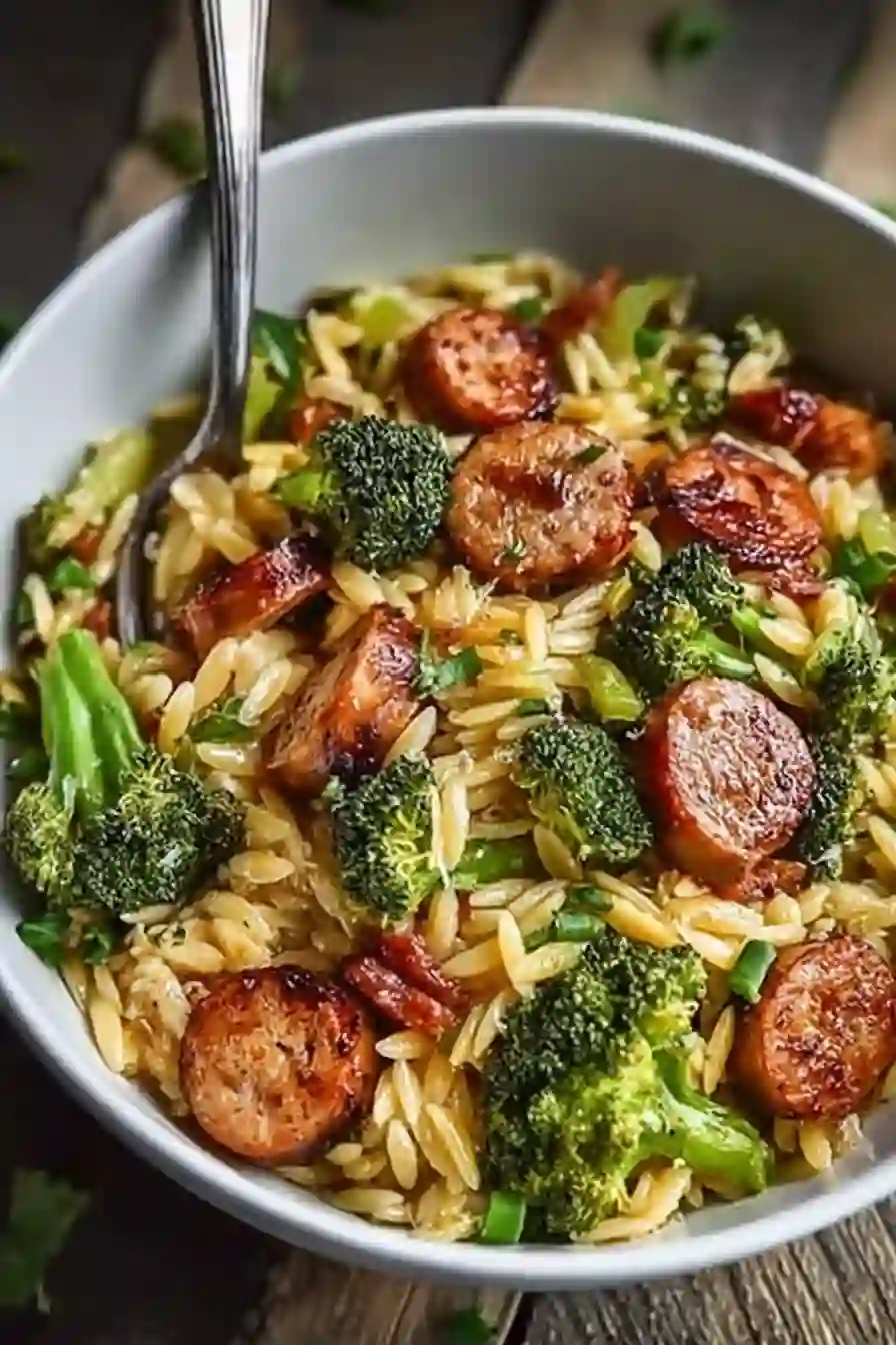 Chicken Sausage Orzo Skillet with Broccoli: Easy One Pan Dinner