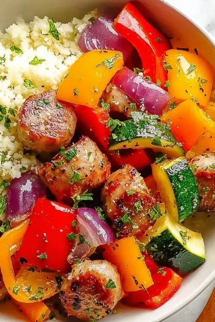 Air fryer chicken sausage with colorful veggies ready in 10 minutes