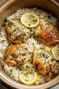 Slow Cooker Lemon Herb Chicken served with fluffy rice on a plate.