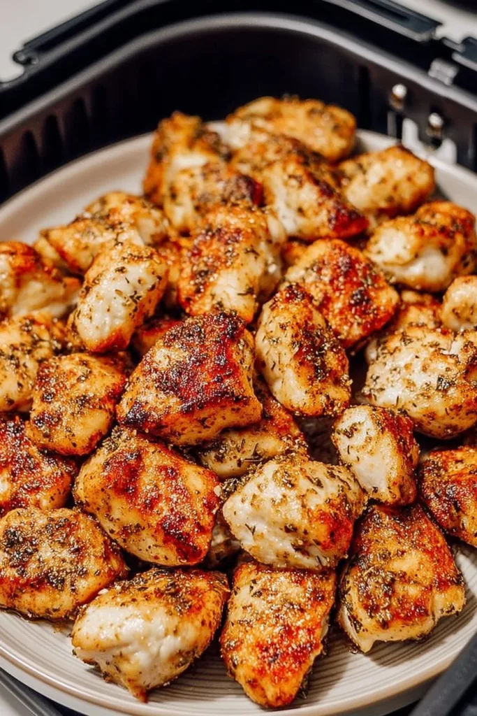 Air Fryer Boneless Chicken Bites 2 Crispy air fryer boneless chicken bites served on a plate