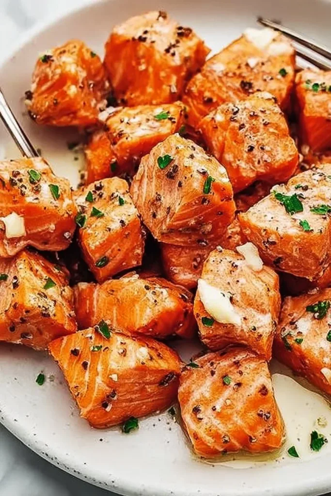 Air Fryer salmon bites served with lemon garlic butter sauce