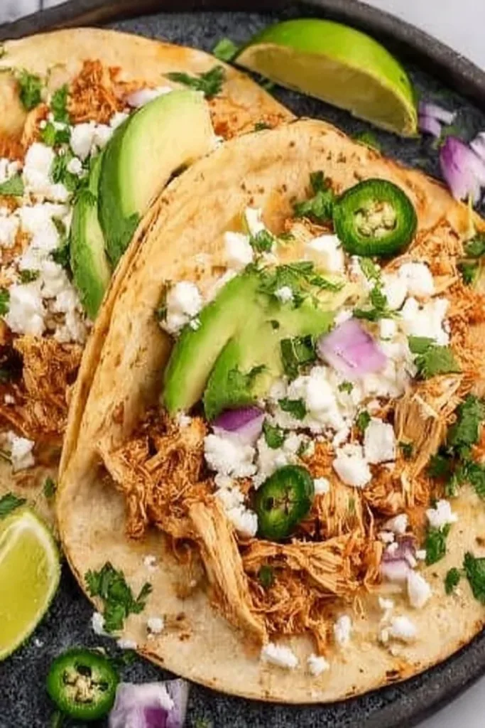 Delicious crockpot chicken tacos served with fresh toppings