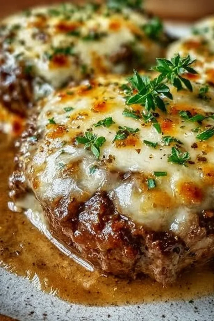 Amish Hamburger Steak Bake ready to serve with vegetables and gravy