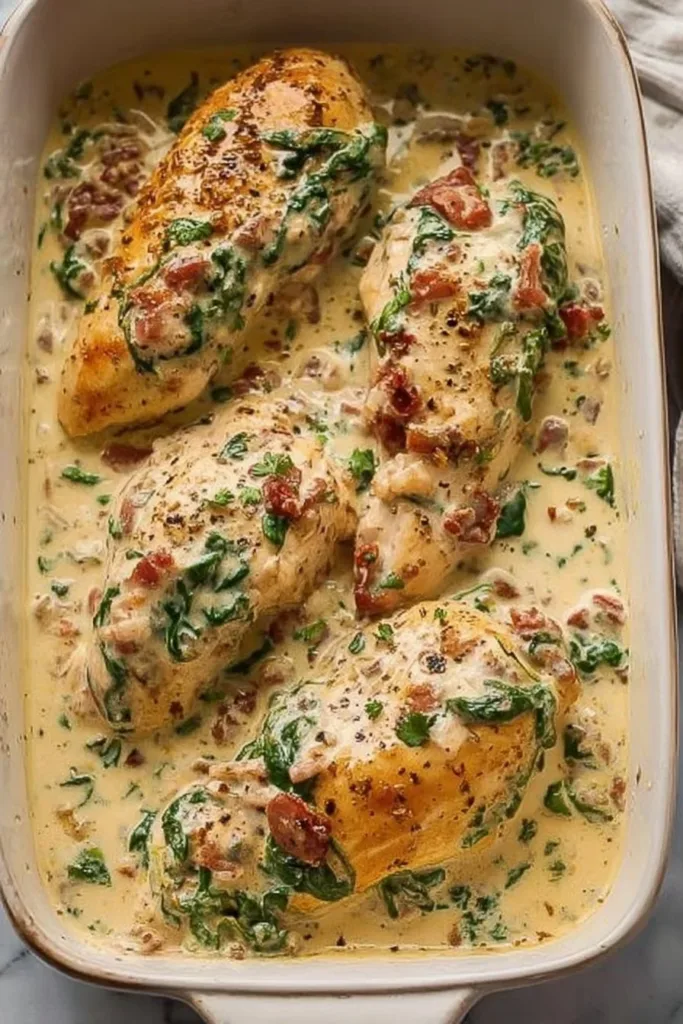 Baked Tuscan Chicken Breast dish with herbs and sun-dried tomatoes