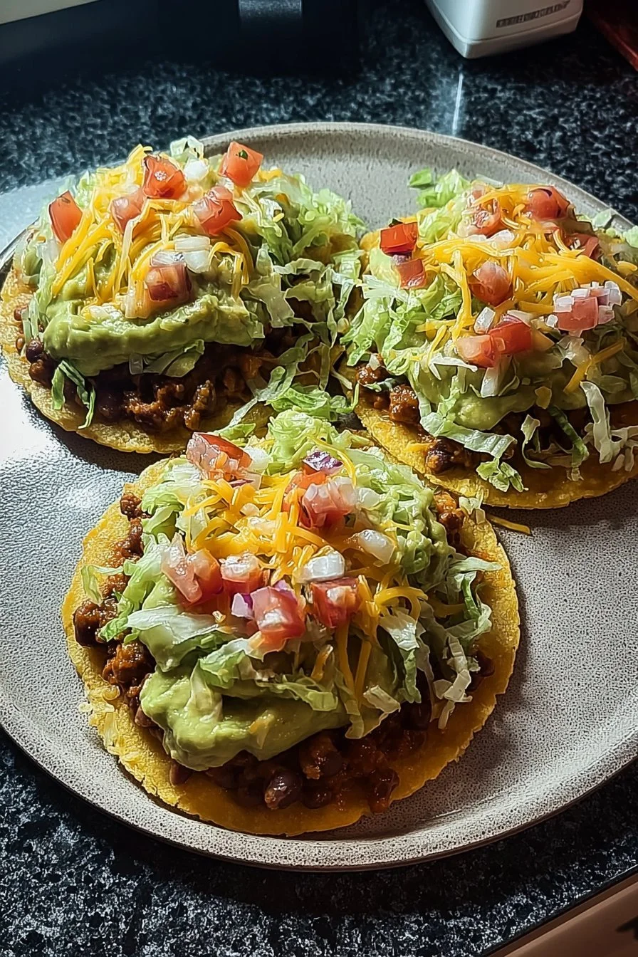 Bean Tostadas with Guacamole, Lettuce, Cheese, and Salsa