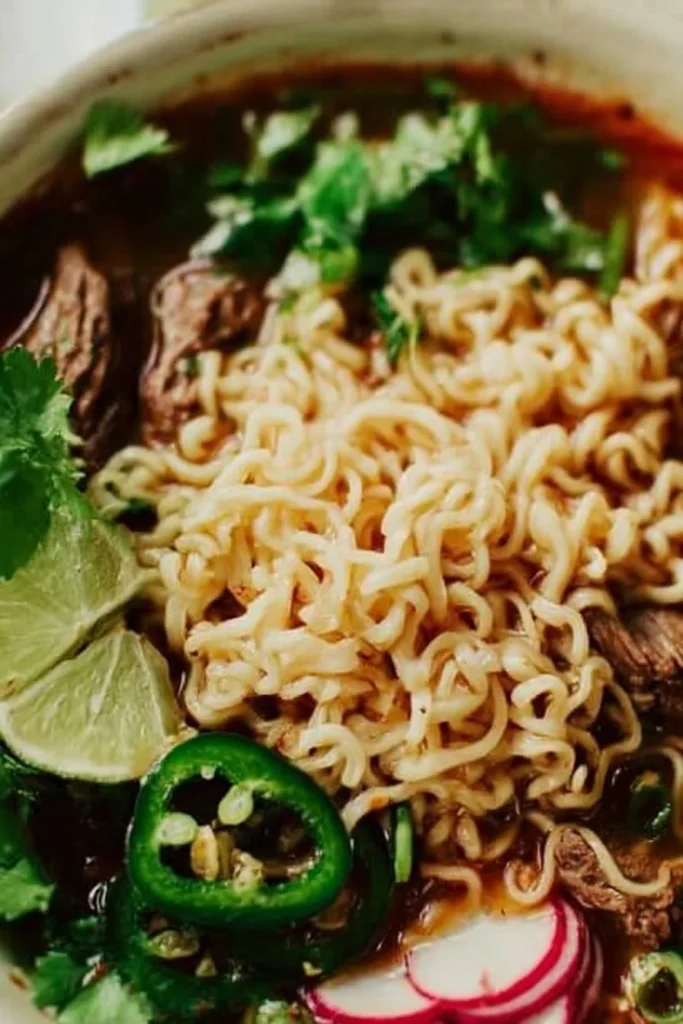 Bowl of Beef Consommé Ramen garnished with green onions and spices