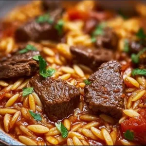 A delicious plate of Beef Giouvetsi with tender beef and orzo pasta
