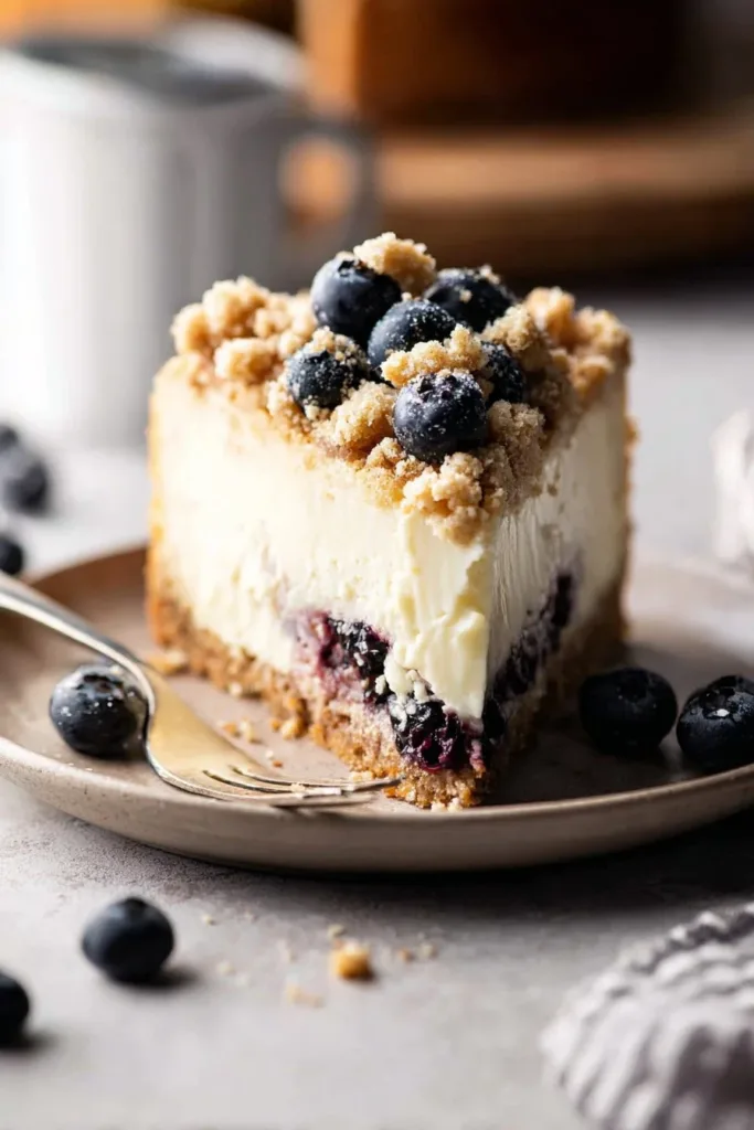 Delicious Blueberry Crumb Cheesecake topped with fresh blueberries and crumbly crust