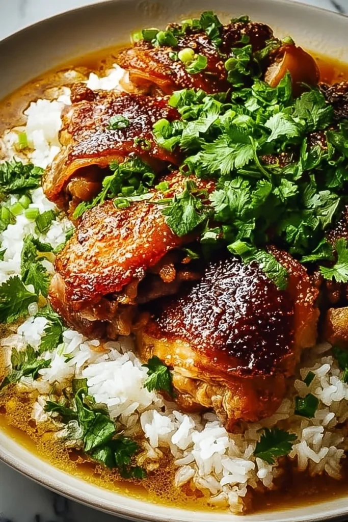 Caramelized soy chicken in garlic ginger broth served with rice