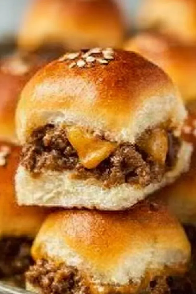 Cheeseburger Sliders 2 Delicious cheeseburger sliders served on a wooden platter