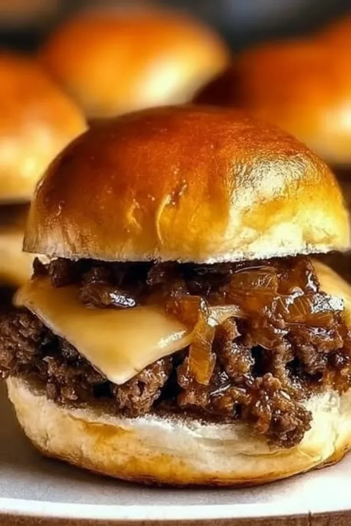 Cheesy Beef and Sausage Sliders 2 Cheesy beef and sausage sliders served on a wooden platter