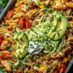 Delicious Chicken Taco Casserole topped with cheese and fresh toppings.