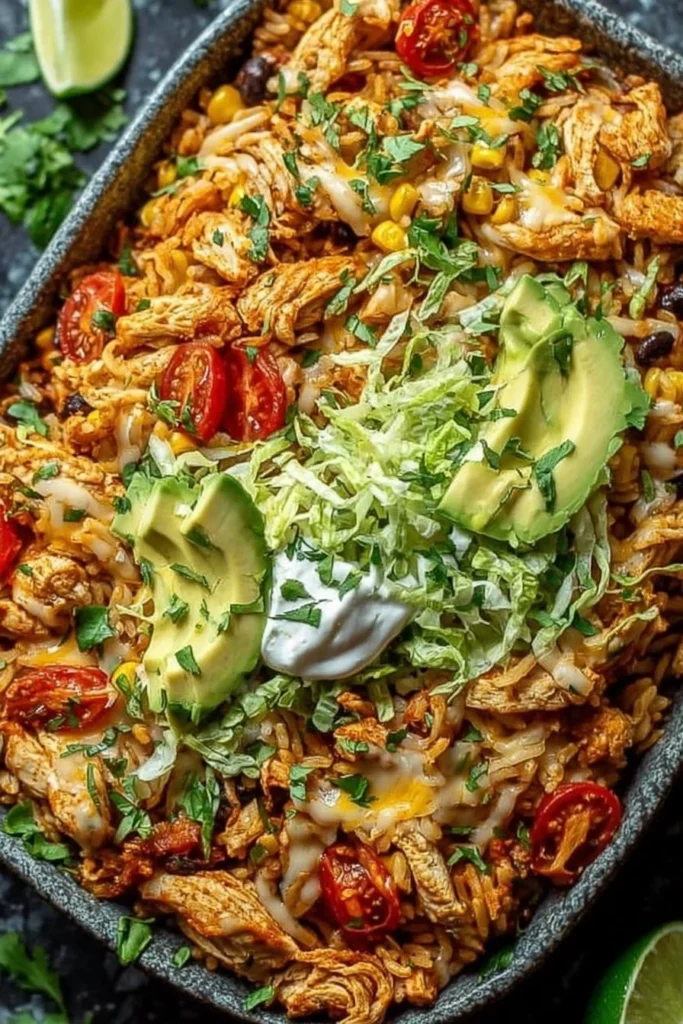 Chicken Taco Casserole 2 Delicious Chicken Taco Casserole topped with cheese and fresh toppings.