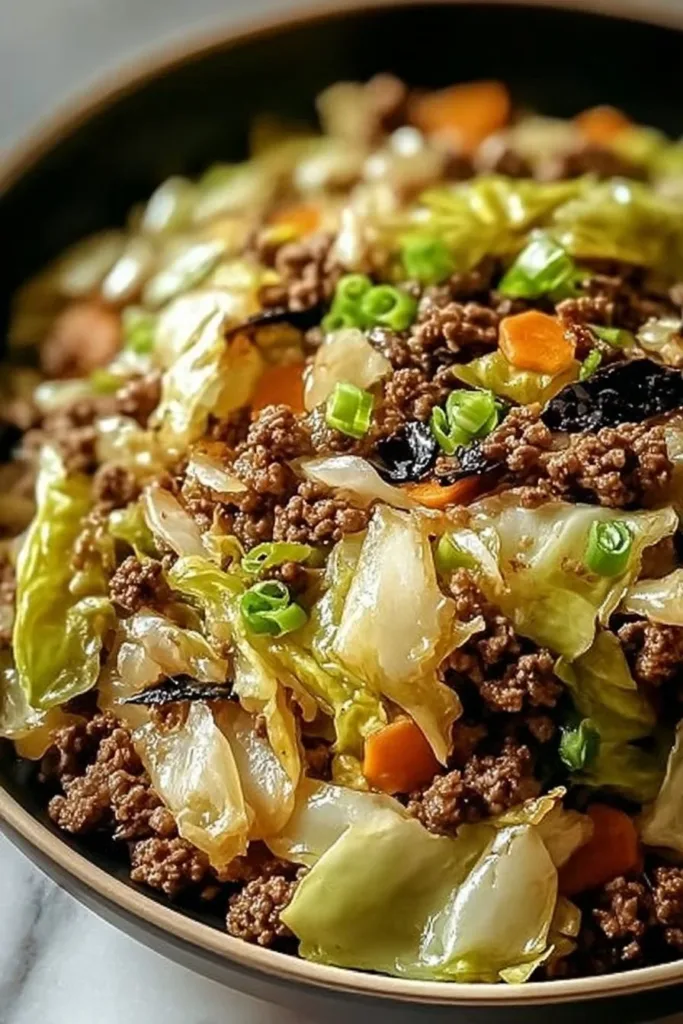 Chinese ground beef and cabbage stir-fry served in a bowl