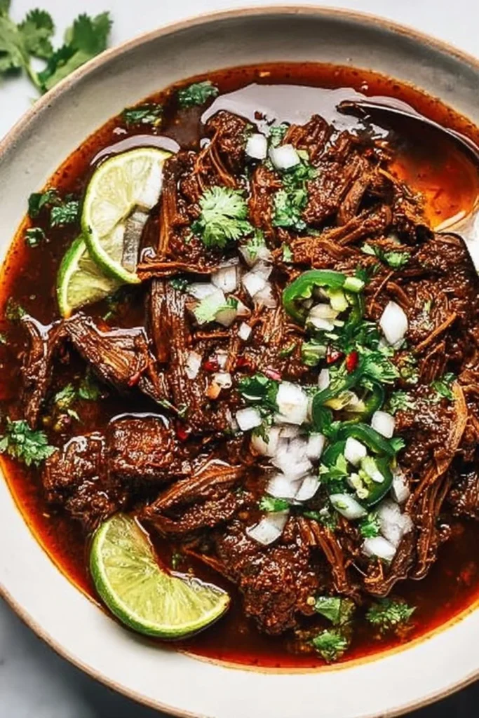 Delicious bowl of Comfort Mexican Beef Birria with garnishes and tortillas