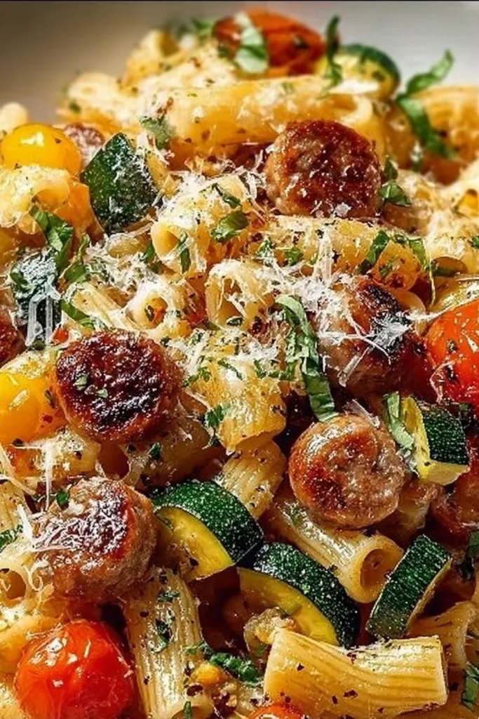 Cozy chicken sausage pasta with garden veggies in a bowl