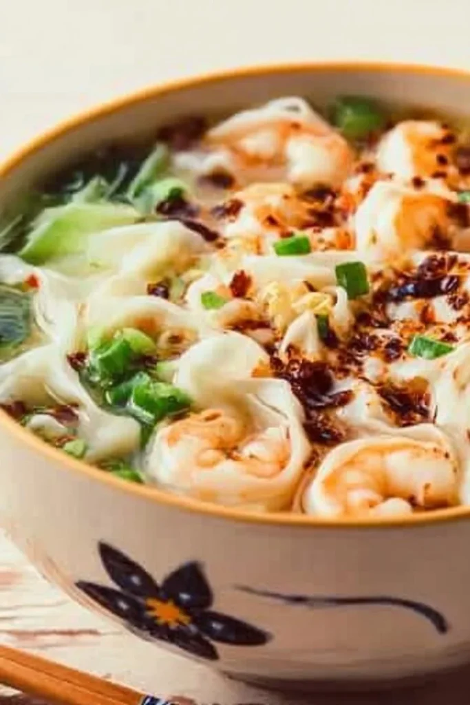 Bowl of cozy Chinese shrimp noodle soup with fresh herbs and shrimp
