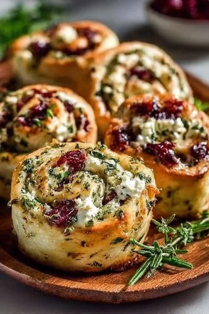 Cranberry Cream Cheese Pinwheels with Feta & Herbs 2 Cranberry Cream Cheese Pinwheels with Feta and Herbs on a platter