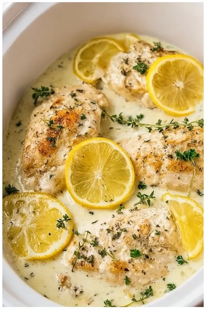 Creamy lemon garlic chicken served with a side of vegetables