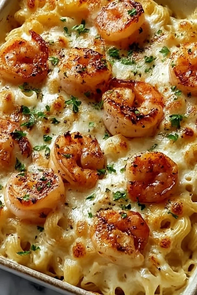 Creamy shrimp scampi pasta bake with garlic and herbs
