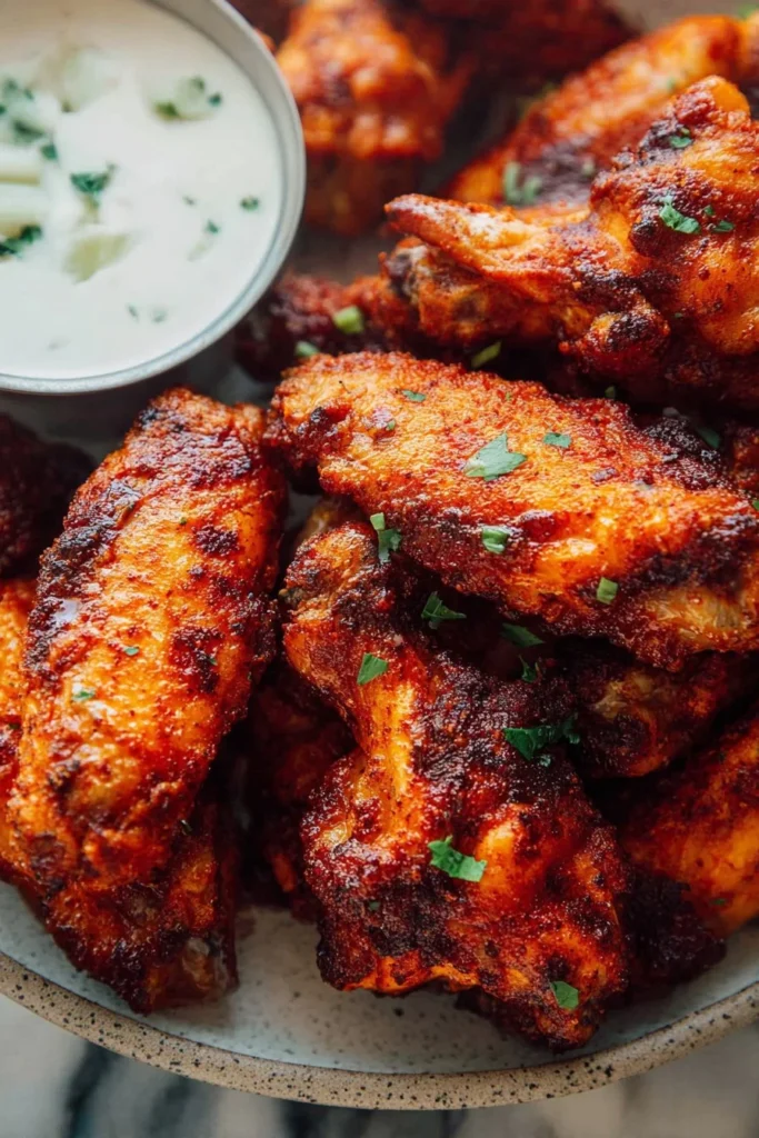 Crispy baked chicken wings served on a plate with dipping sauce.