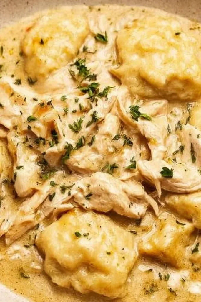 Bowl of Crock Pot Chicken and Dumplings ready to serve.