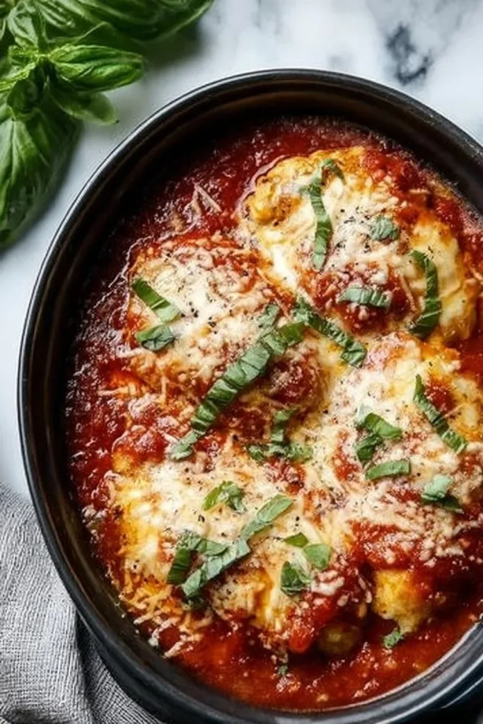 Crockpot Chicken Parmesan served with pasta and garnished with fresh basil.