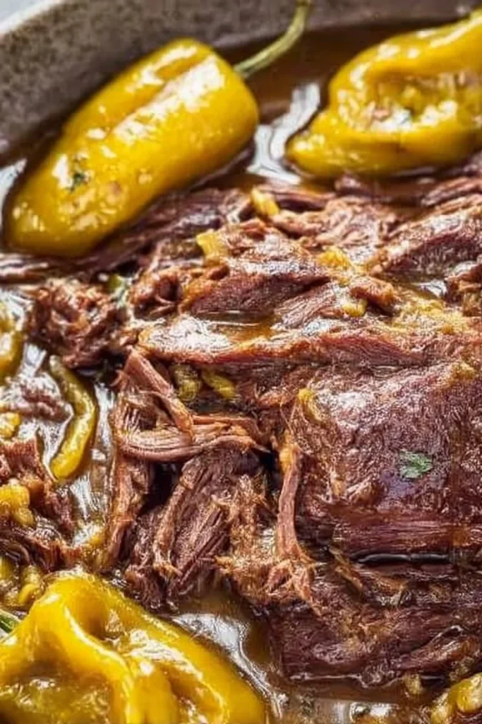 Delicious Crockpot Mississippi Pot Roast served in a bowl with fresh herbs