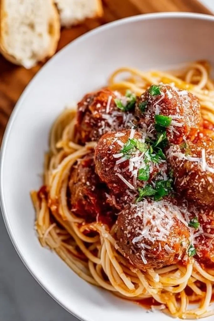 Crockpot cooked spaghetti and meatballs served in a bowl