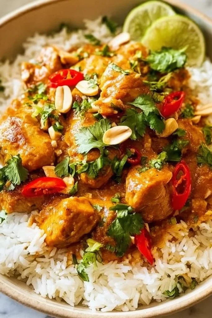 Crockpot chicken satay served with peanut sauce and vegetables.