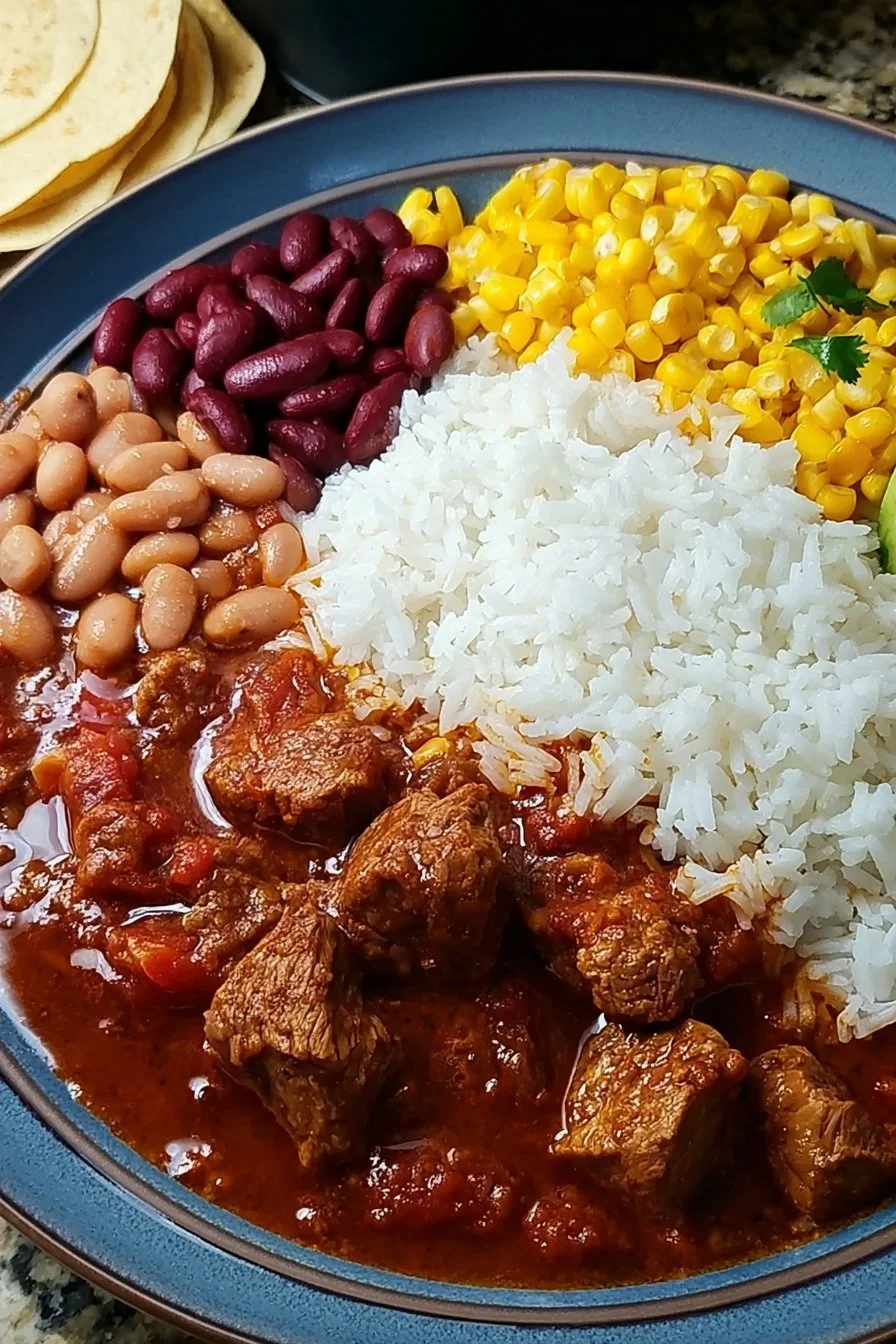 Delicious Chile Colorado with Rice and Beans Plate