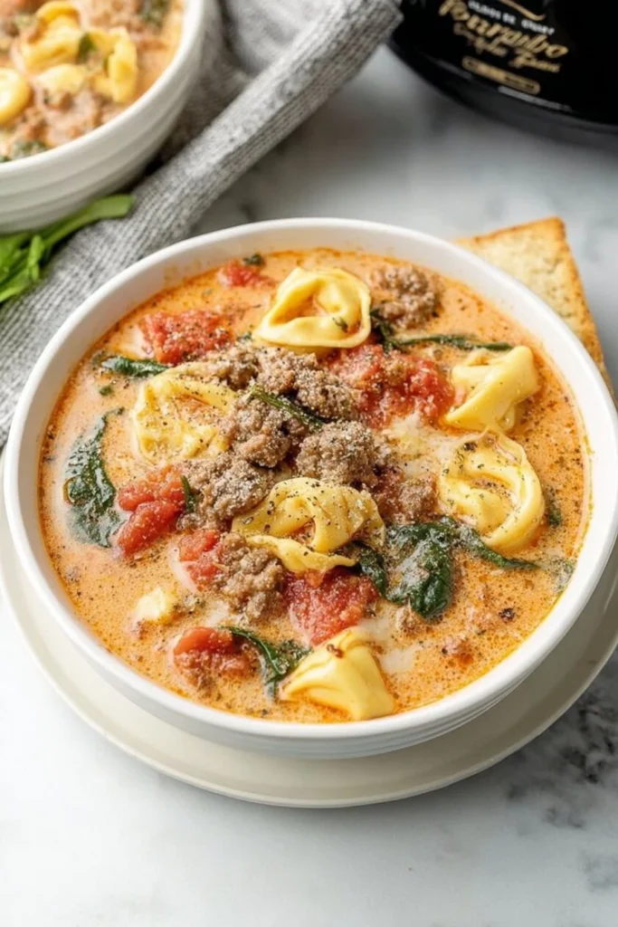 Bowl of easy Crockpot Sausage Soup with tortellini and fresh herbs