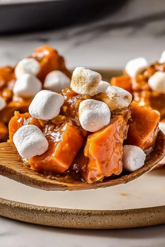 Deliciously easy crockpot sweet potatoes topped with marshmallows