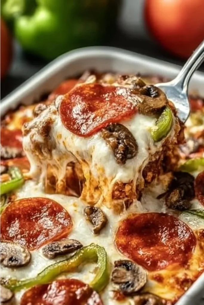 Delicious low carb pizza casserole topped with cheese and vegetables