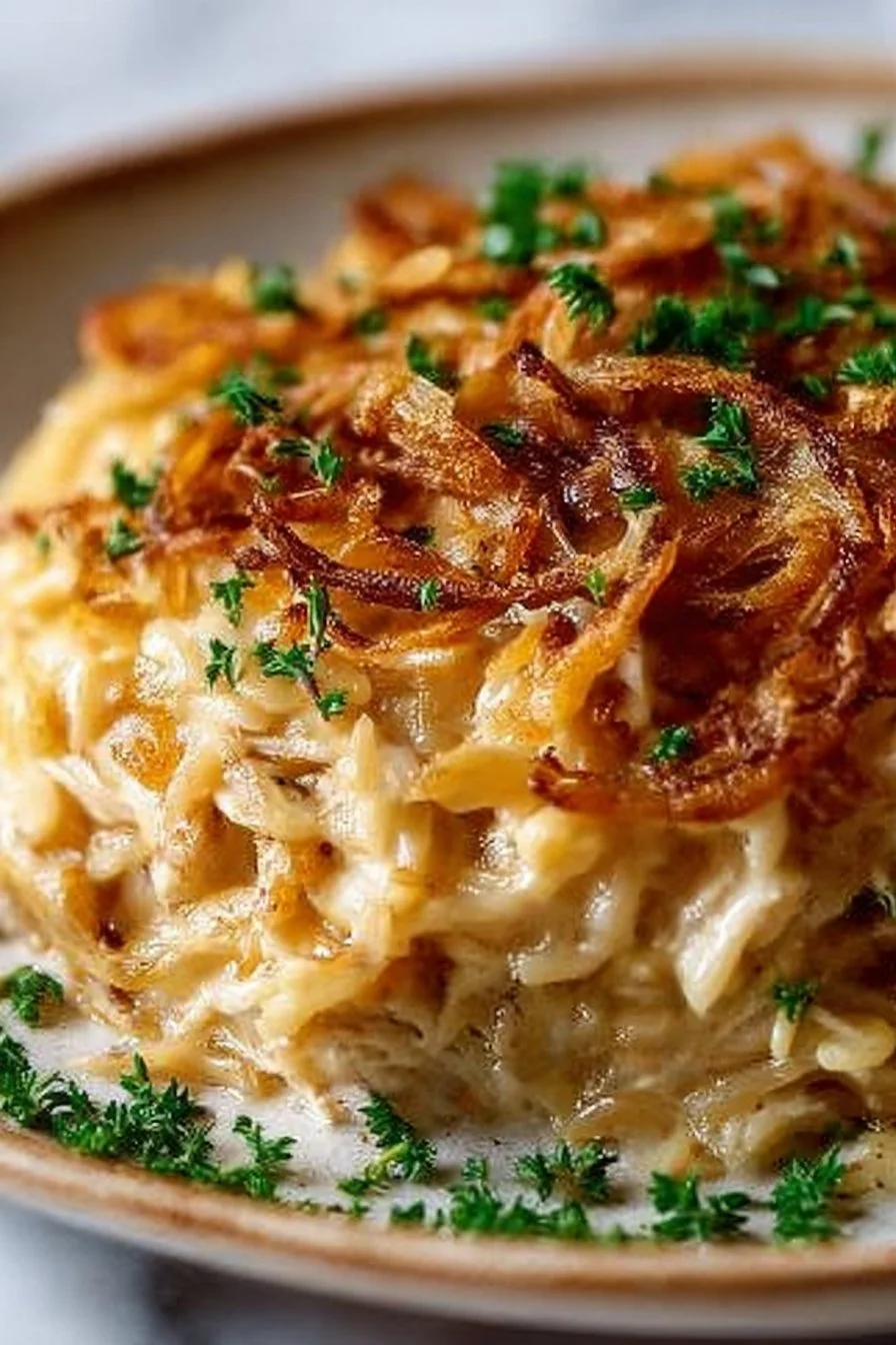 French Onion Chicken Orzo Casserole