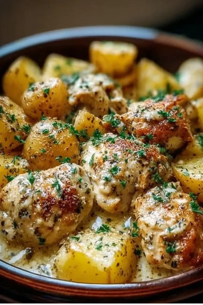Garlic Parmesan Chicken and Potatoes cooked in a crockpot