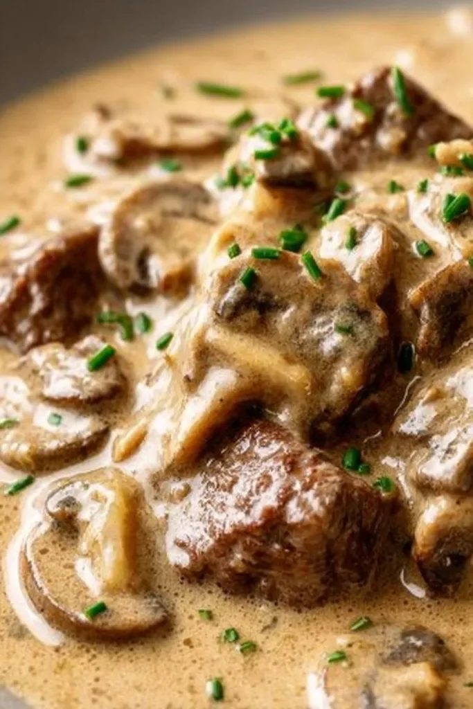 Plate of Gordon Ramsay's Beef Stroganoff with noodles and mushrooms