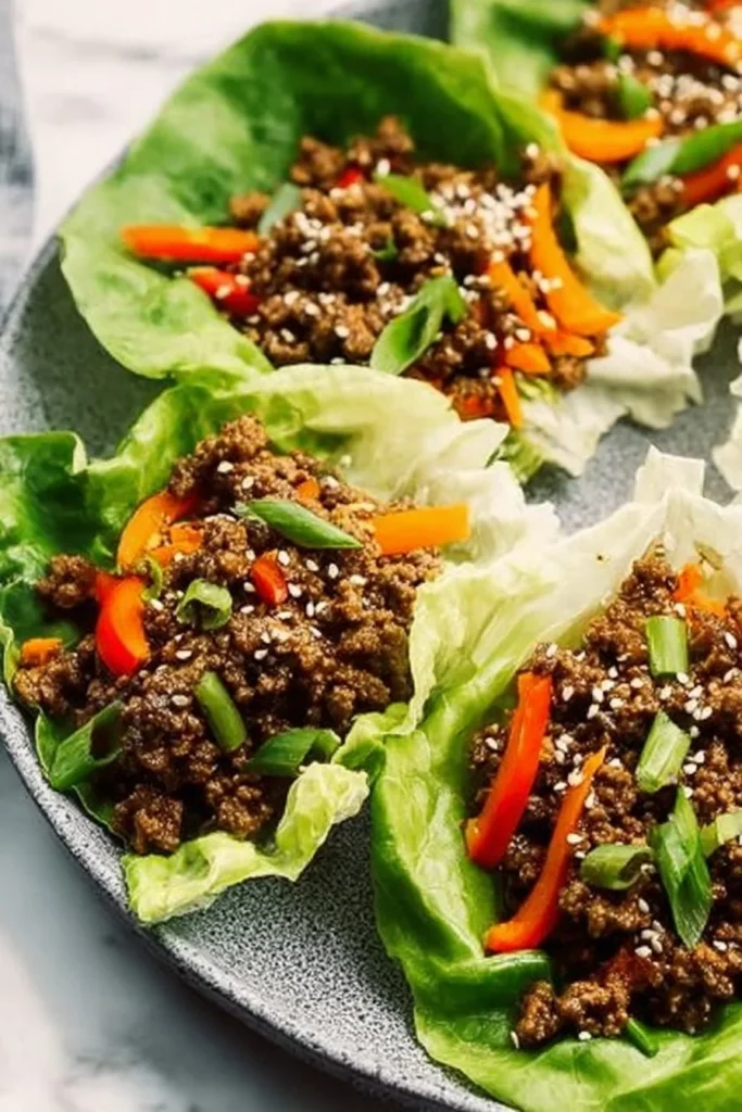Ground beef lettuce wraps served on a plate with fresh veggies.