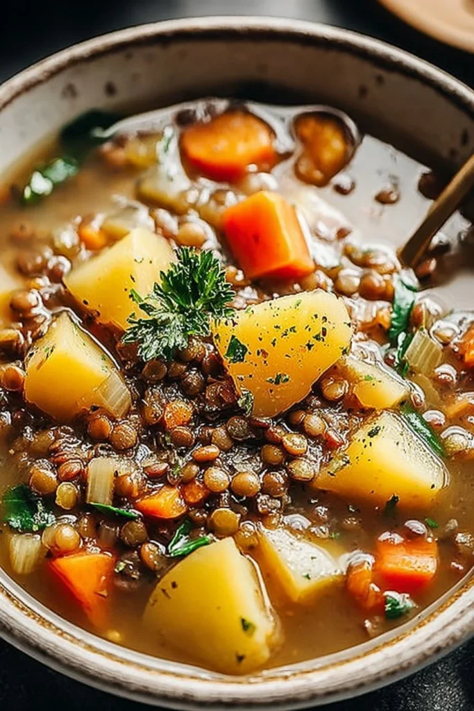 Hearty Lentil and Potato Soup 2 Bowl of hearty lentil potato soup garnished with herbs and spices