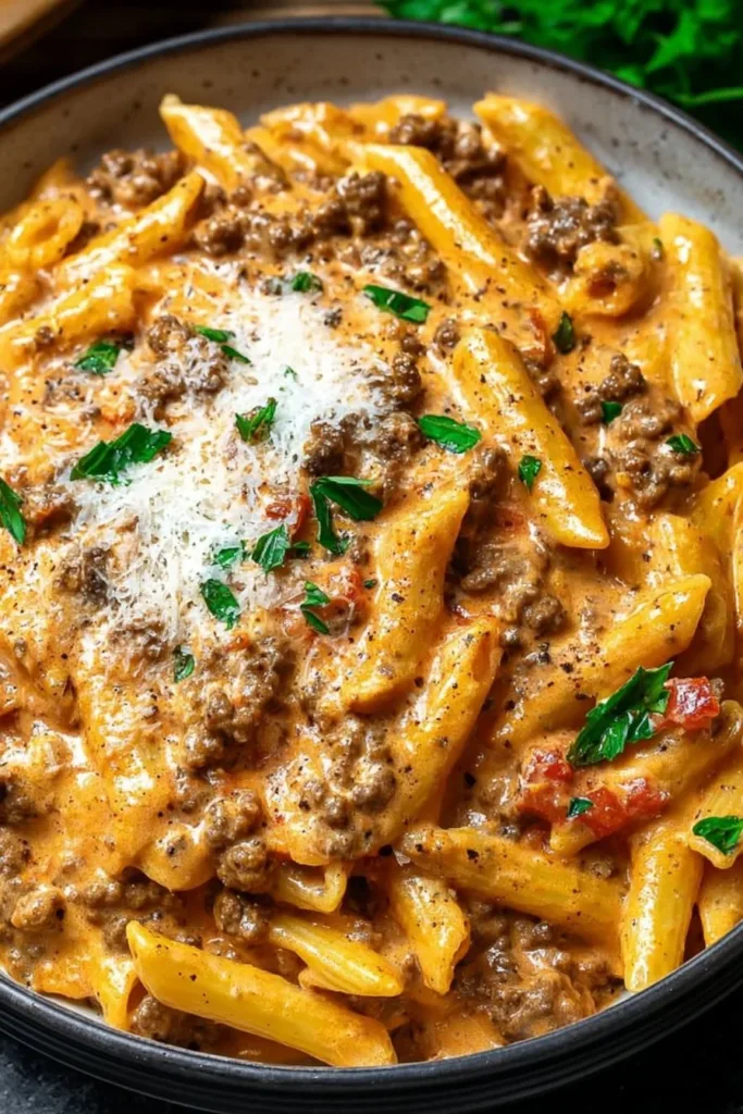 Creamy beef pasta dish garnished with herbs in a white bowl