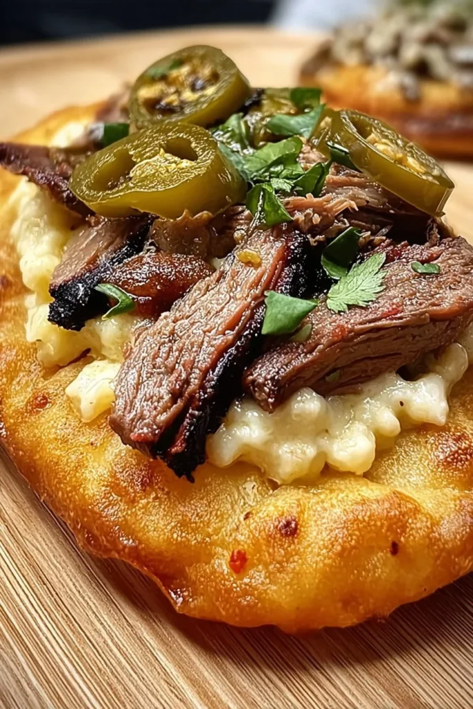 Homemade Navajo fry bread with smoked brisket and Hatch green chile on a plate