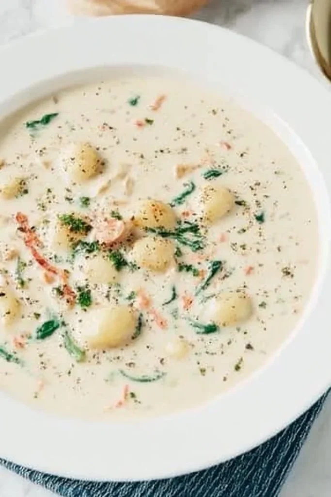 Bowl of Homemade Olive Garden Chicken Gnocchi Soup with fresh ingredients